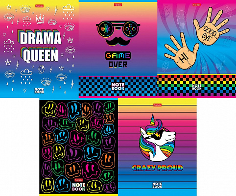 Тетрадь 48 листов A5 скрепка клетка Hatber "CrazyColor" 5 дизайнов в блоке мелованный картон  070891