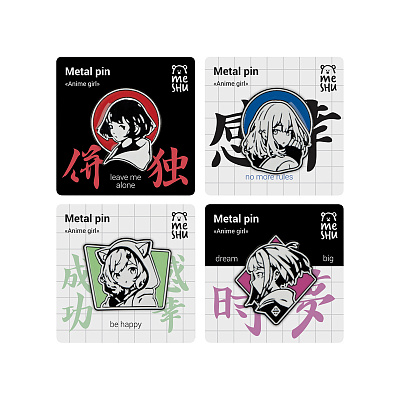Набор металлических значков MESHU "Anime girls", эмаль, 4шт