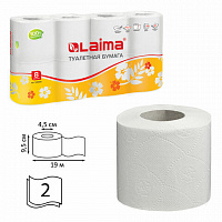 Бумага туалетная бытовая, спайка 8 шт., 2-х слойная, (8х19 м), LAIMA, белая, 126905