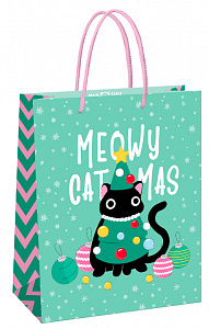 Пакет подарочный 26*32*12см MESHU "Meowy Christmas", выборочный лак, матовая ламинация