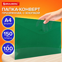 Папка-конверт с кнопкой прозрачная А4 BRAUBERG UNIVERSAL, до 100 листов, зеленая, 0,15 мм, 273074