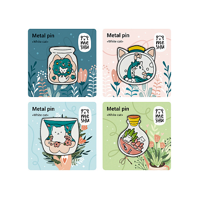 Набор металлических значков MESHU "White cats", эмаль, 4шт