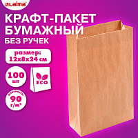 Крафт-пакет бумажный 12х8х24см, КОМПЛЕКТ 100 шт, плотность 90г/м2, LAIMA ECO CRAFT, 609682