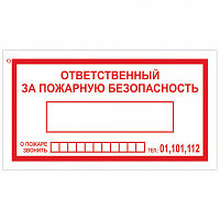 Знак вспомогательный "Ответственный за пожарную безопасность", прямоугольник, 250х140 мм, самоклейка, 610049/В 43