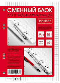 Блок сменный для тетрадей на кольцах А5 80 листов Hatber клетка  011909
