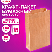 Крафт-пакет бумажный 18х12х29см КОМПЛЕКТ 100 шт. плотность 90г/м2, LAIMA ECO CRAFT, 609683