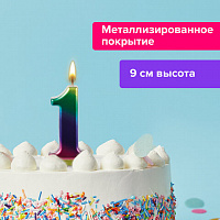 Свеча-цифра для торта "1" "Радужная", 9 см, ЗОЛОТАЯ СКАЗКА, с держателем, в блистере, 591434