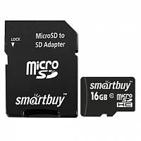 Карта памяти microSDHC, 16 GB, SMARTBUY, 10 Мб/сек. (class 10), с адаптером, SB16GBSDCL10-01