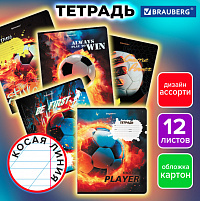 Тетрадь 12 л. BRAUBERG, косая линия, обложка картон, ФУТБОЛ, 107290