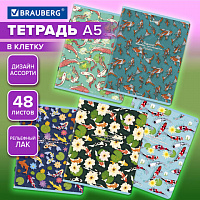 Тетрадь А5, 48 л., BRAUBERG, скоба, клетка, TWIN-лак, Карпы Кои, (микс в спайке), 405332