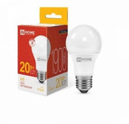 Лампа светодиодная ASD/InHome VC ЛОН A60 E27 20W (1900 lm) 3000К 2K 120x60 без пульсации 30000 часов тёплый свет