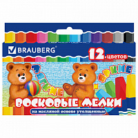Восковые мелки утолщенные BRAUBERG, НАБОР 12 цветов, на масляной основе, яркие цвета, 222970