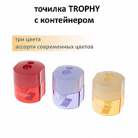 Точилка -ТРОФИ- Hatber Пластиковая Цветная с контейнером с 2-мя отверстиями Ассорти 3 цв.12 шт. в картонной Дисплей-витрине  092684