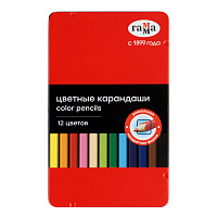 Карандаши цветные Гамма, 12цв., квадратные, заточен., метал. пенал