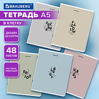 Тетрадь А5, 48 л., BRAUBERG, скоба, клетка, матовая ламинация, Однотонный_Пастель_2, (микс в спайке), 405336