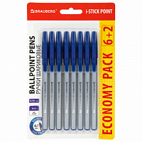 Ручки шариковые с грипом BRAUBERG "i-STICK POINT", НАБОР 6+2 ШТ, СИНИЕ, линия письма 0,35 мм, блистер, 144026