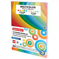 Бумага цветная 10 цветов BRAUBERG "MULTICOLOR", А4, 80 г/м2, 200 л. (10 цветов x 20 листов), 114209