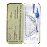Готовальня BRAUBERG SCHOOL KIT, 8 предметов, циркуль 115мм, чертежные принадлежности, металлический пенал со справочными материалами, 210712