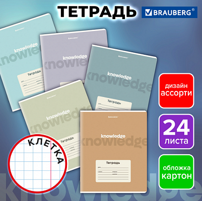 Тетрадь 24 л. BRAUBERG, клетка, обложка картон, KNOWLEDGE, 107305