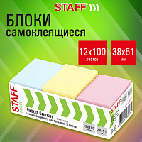 Блоки самоклеящиеся (стикеры) STAFF STANDARD, 38х51 мм, 3 цвета, 100 листов, НАБОР 12 штук, 116587