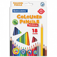 Карандаши цветные пластиковые трёхгранные BRAUBERG PREMIUM 18 цветов грифель мягкий 3 мм, 181662