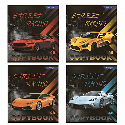 Тетрадь 48 листов A5 скрепка клетка ALINGAR "Street racing" мелованный картон 4 дизайна  AL-8880