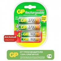Батарейки аккумуляторные НАБОР 8шт (ПРОМО 4+4) GP AA+ААА (HR6+HR03) 2650mAh+930mAh, 2, 270AA/100AAA