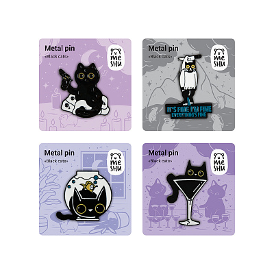 Набор металлических значков MESHU "Black cats", эмаль, 4шт