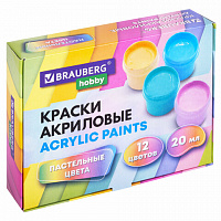 Краски акриловые ПАСТЕЛЬНЫЕ для рисования и творчества 12 цветов по 20 мл BRAUBERG HOBBY, 192440