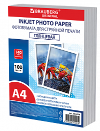 Фотобумага глянцевая, А4, 140 г/м2, односторонняя, 100 листов, ПАКЕТ, BRAUBERG ORIGINAL 364414