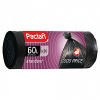 Мешки для мусора 60 л, черные, в рулоне 20 шт., ПНД, 7,4 мкм, 60х72 см, PACLAN "Standard"
