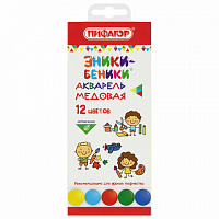 Краски акварельные ПИФАГОР "ЭНИКИ-БЕНИКИ", 12 цветов, медовые, картонная коробка, пластиковая подложка, 192518