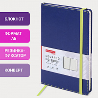 Блокнот А5 (148x218 мм), BRAUBERG "Office", под кожу, 80 л., резинка, клетка, синий, 111028
