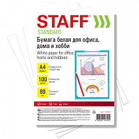 Бумага белая А4, 80 г/м2, 100 л., STAFF "СТАНДАРТ" для офиса, дома и хобби, Россия, 146% (CIE), 115351