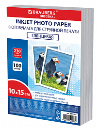 Фотобумага глянцевая, 10х15 см, 230 г/м2, односторонняя, 100 листов, ПАКЕТ, BRAUBERG ORIGINAL 364409