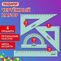 Набор чертежный ПИФАГОР (линейка 16см, 2 треугольника, транспортир), прозрачный, пастельные цвета, ассорти, 210855